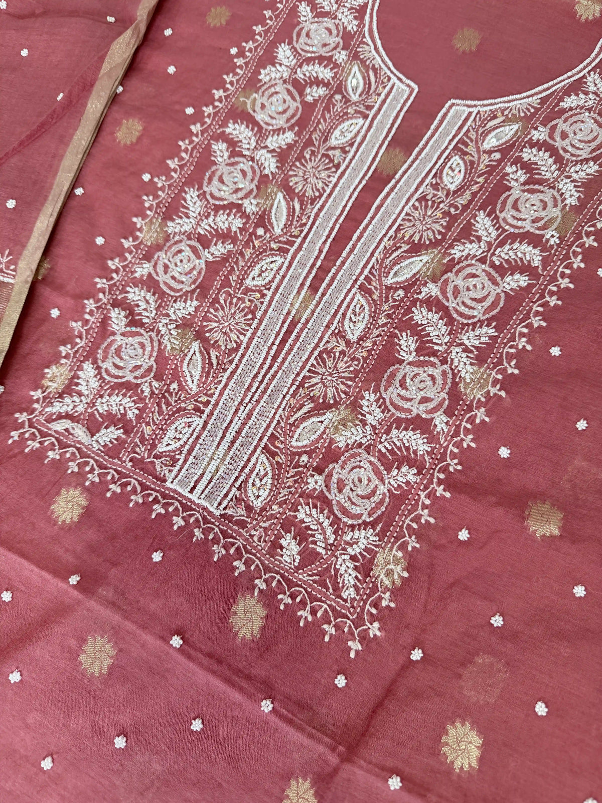 Mulmul Chikankari Solid Women's Unstitched Suit - Brick Red