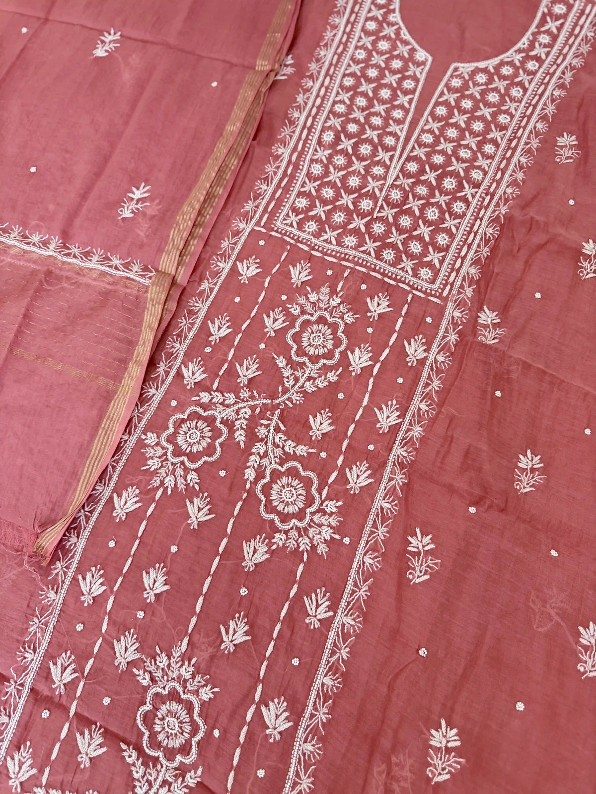 Chanderi Chikankari Solid Women's Unstitched Suit - Brick Red