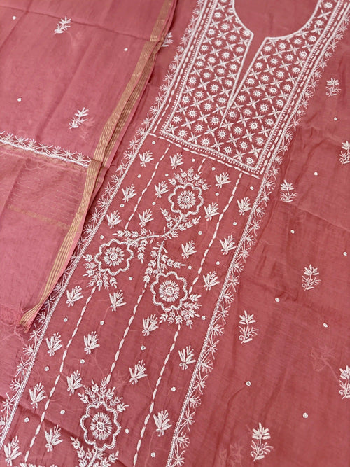 Chanderi Chikankari Solid Women's Unstitched Suit - Brick Red