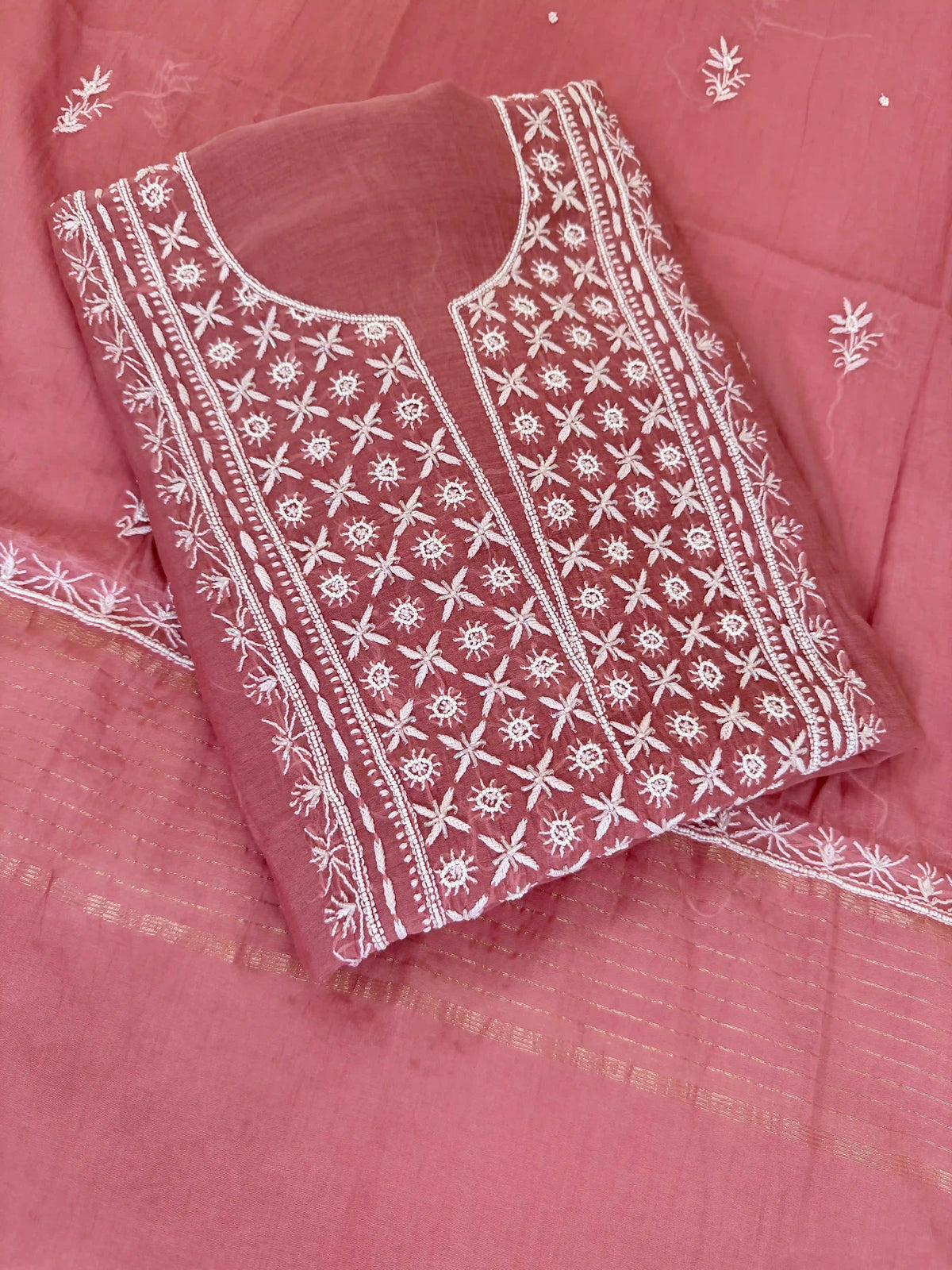 Chanderi Chikankari Solid Women's Unstitched Suit - Brick Red