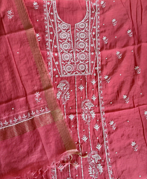 Chanderi Chikankari Solid Women's Unstitched Suit - Carrot Red