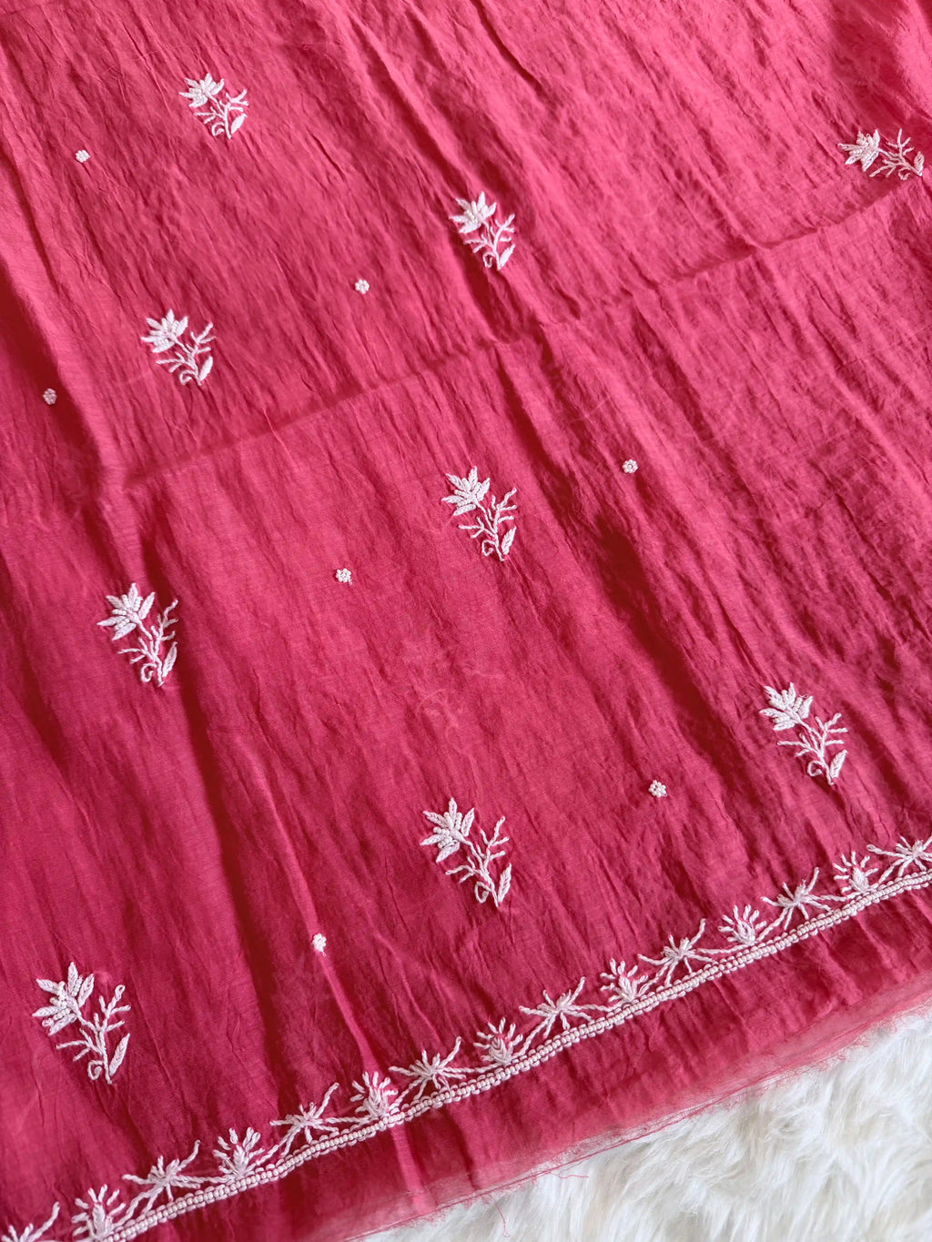 Chanderi Chikankari Solid Women's Unstitched Suit - Carrot Red