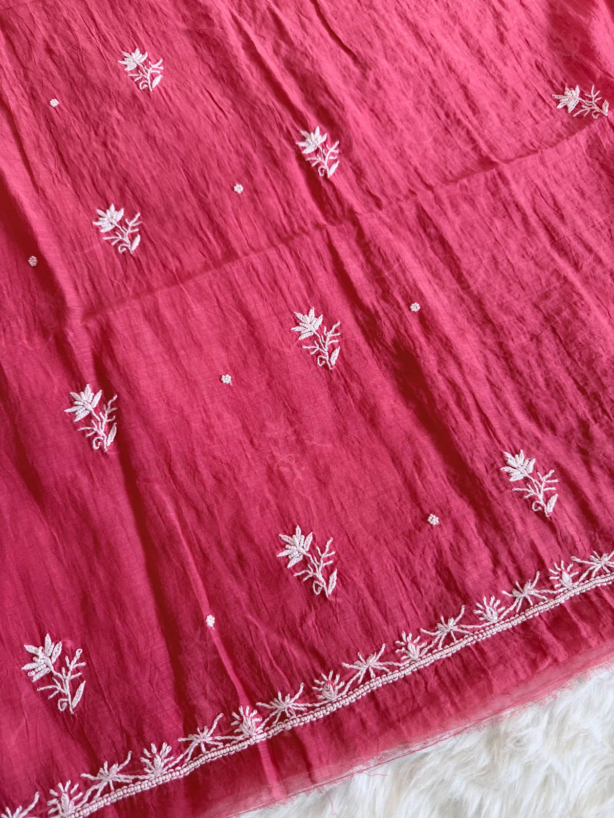 Chanderi Chikankari Solid Women's Unstitched Suit - Carrot Red