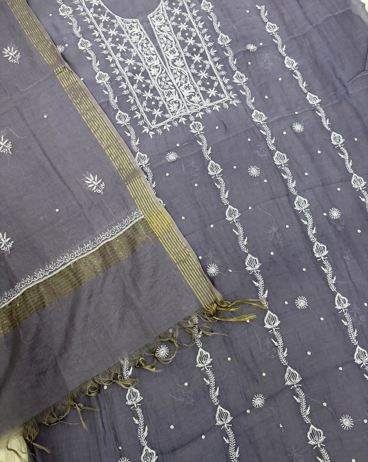 Chanderi Chikankari Solid Women's Unstitched Suit - Grey