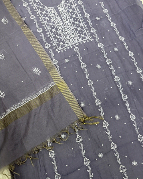 Chanderi Chikankari Solid Women's Unstitched Suit - Grey