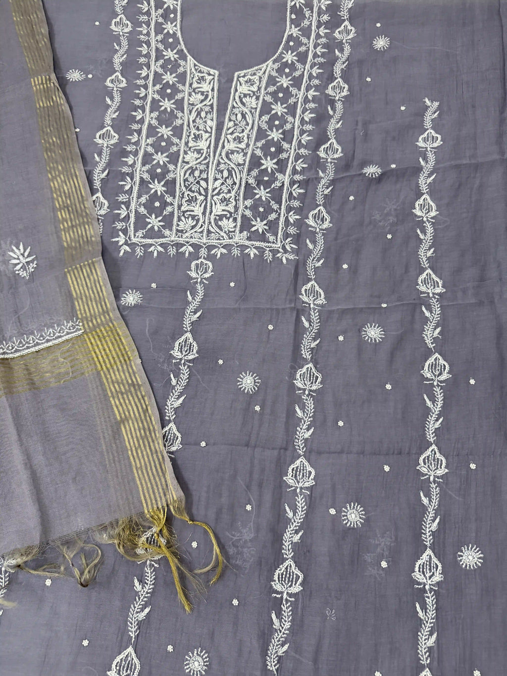 Chanderi Chikankari Solid Women's Unstitched Suit - Grey
