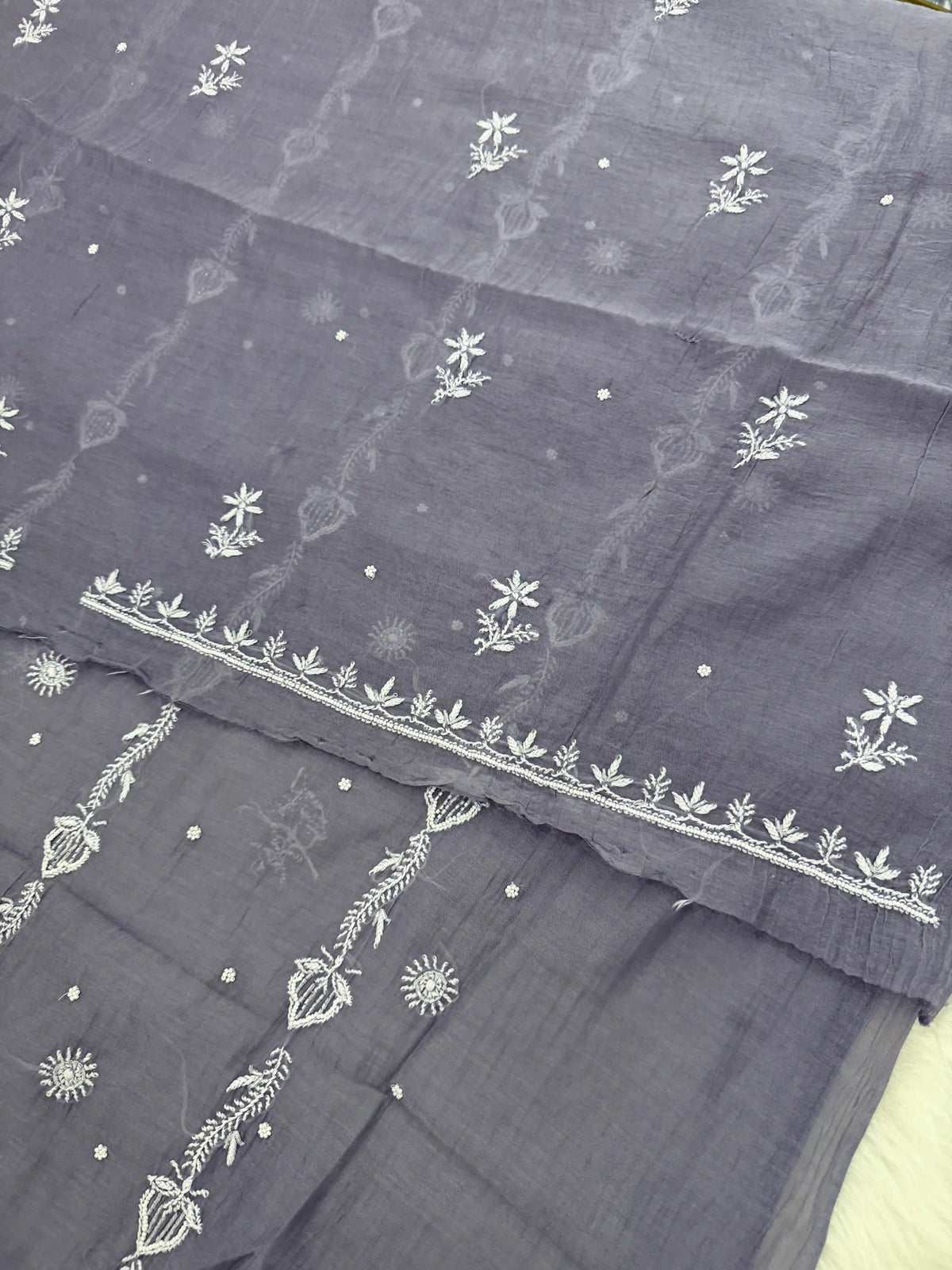 Chanderi Chikankari Solid Women's Unstitched Suit - Grey