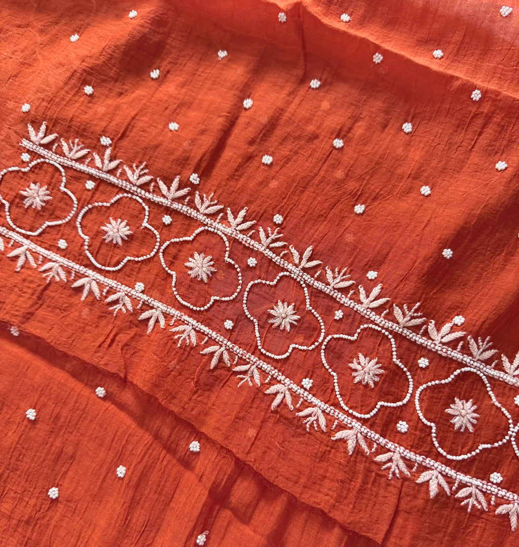 Mulmul Chikankari Solid Women's Unstitched Suit - Orange