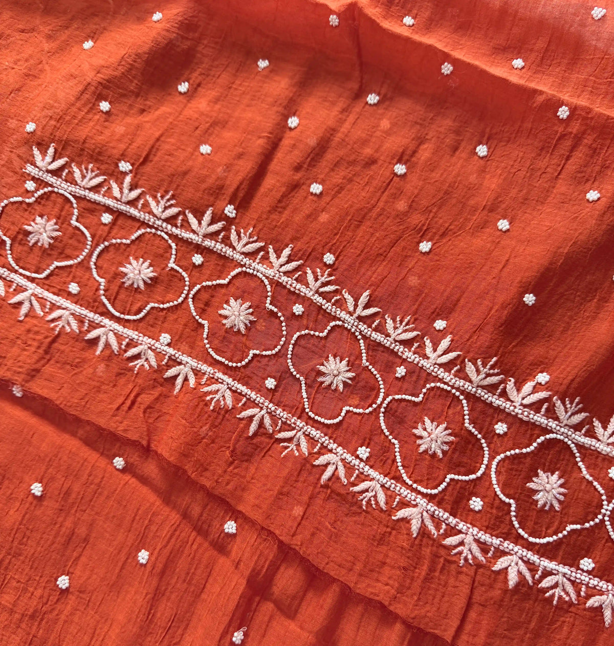 Mulmul Chikankari Solid Women's Unstitched Suit - Orange