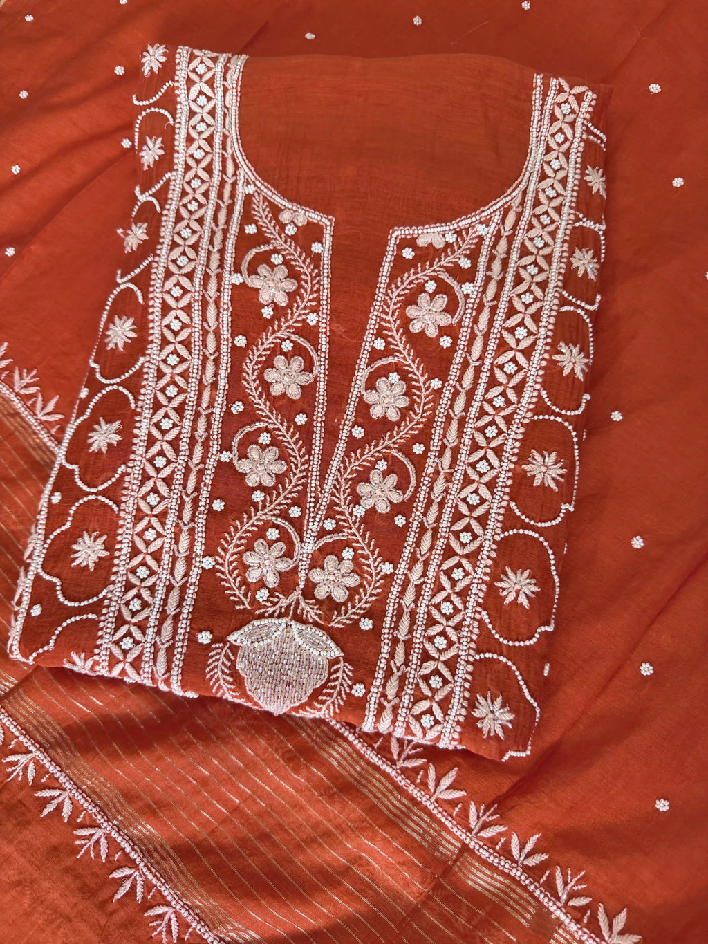 Mulmul Chikankari Solid Women's Unstitched Suit - Orange