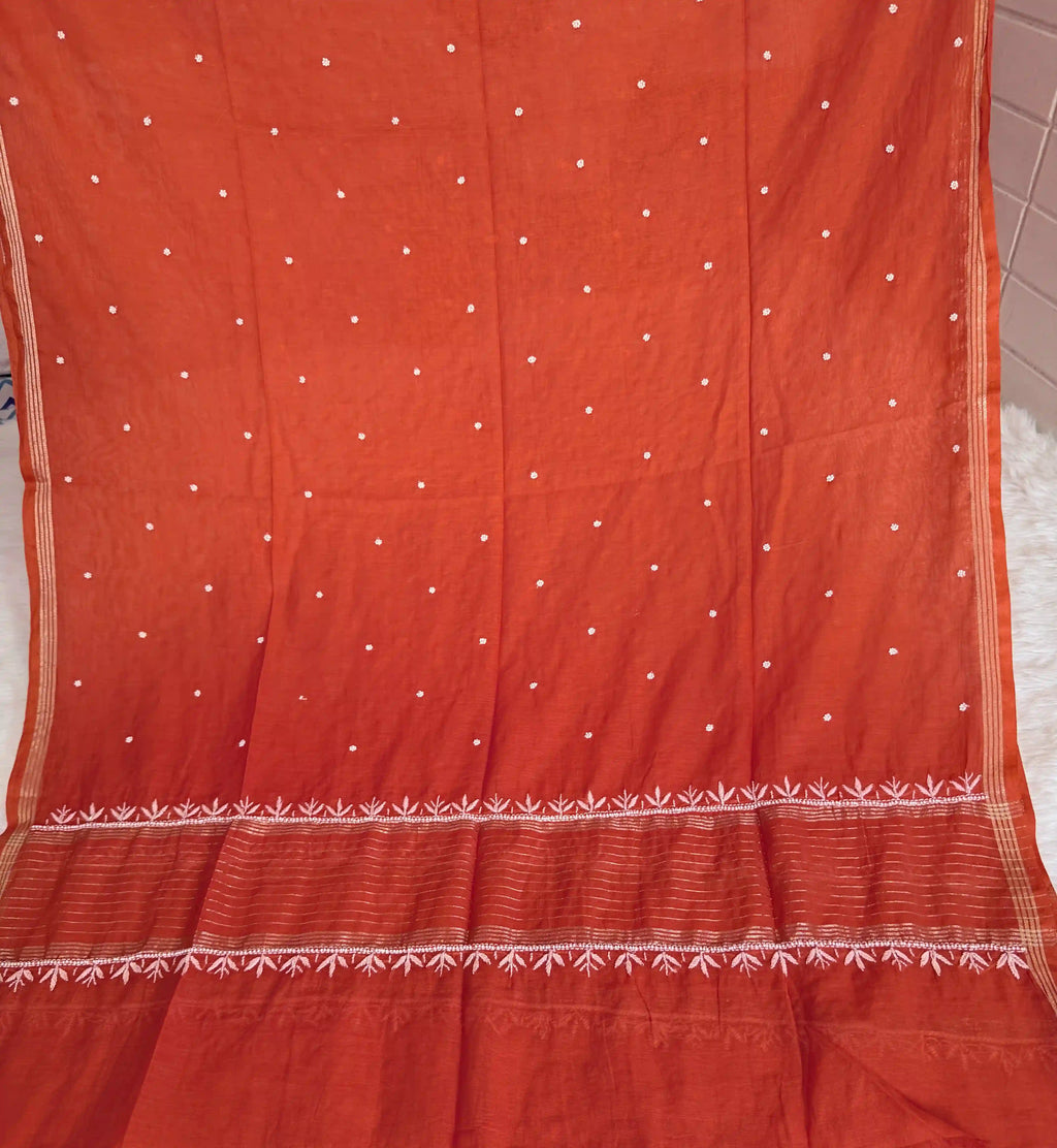 Mulmul Chikankari Solid Women's Unstitched Suit - Orange