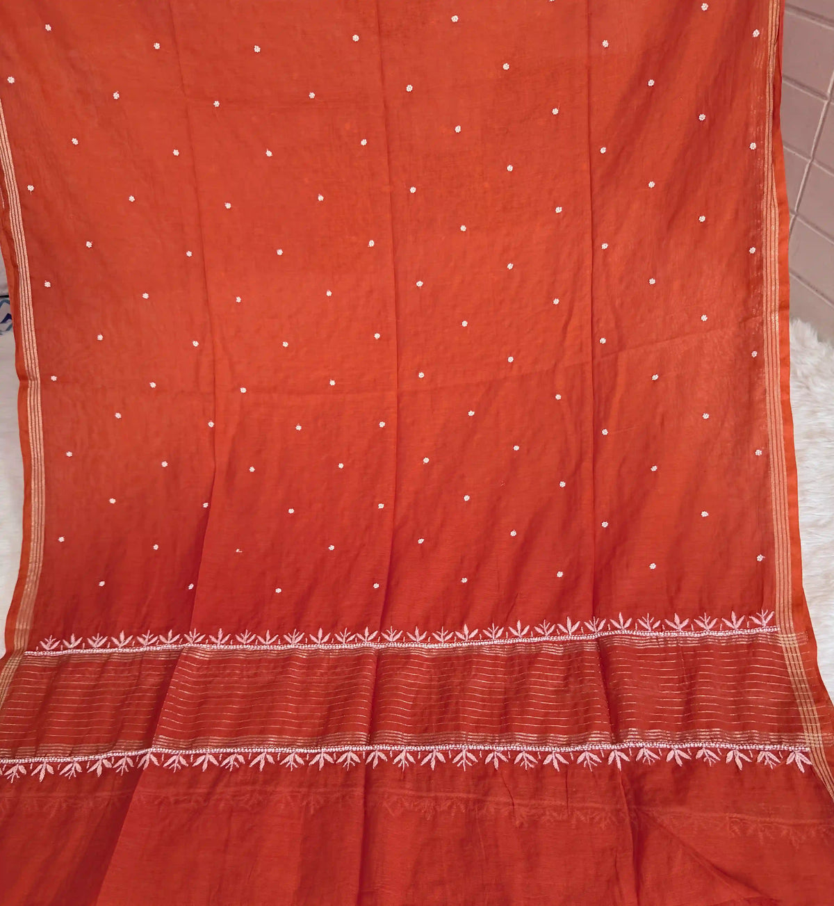 Mulmul Chikankari Solid Women's Unstitched Suit - Orange