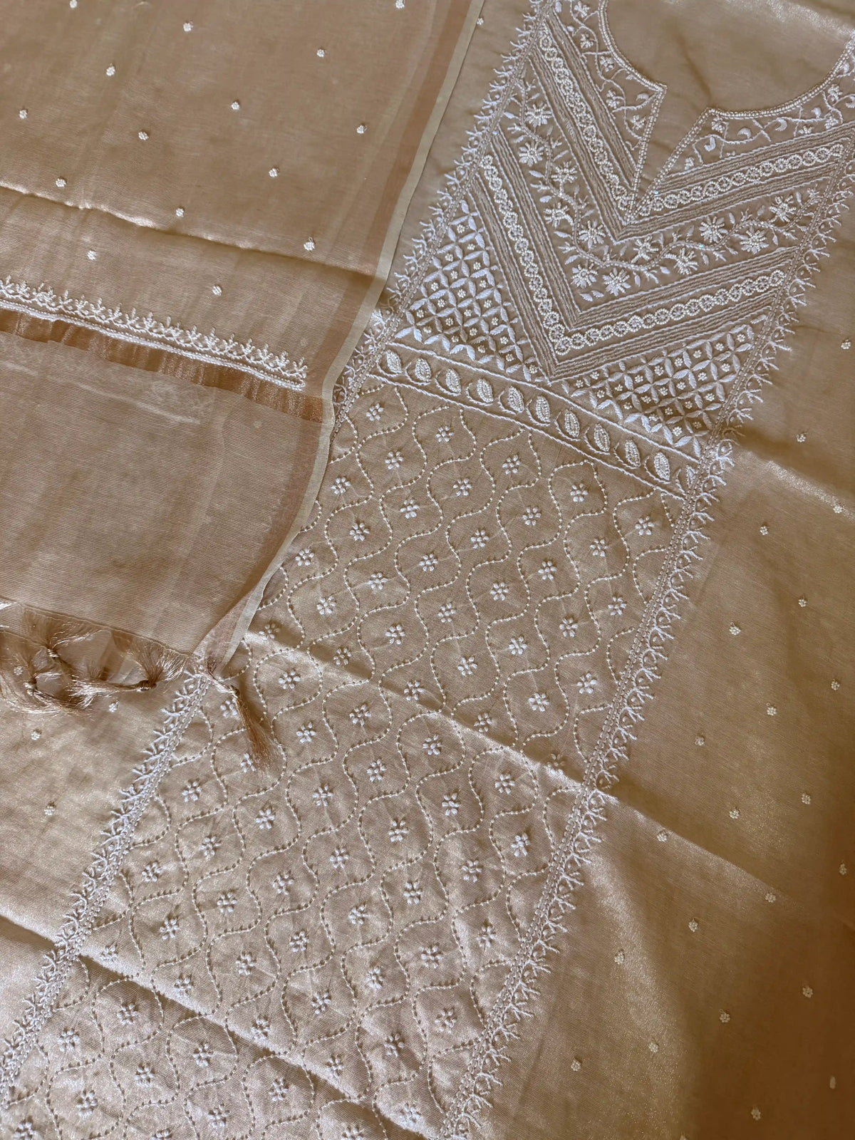 Tissue Chikankari Solid Women's Unstitched Suit - Beige