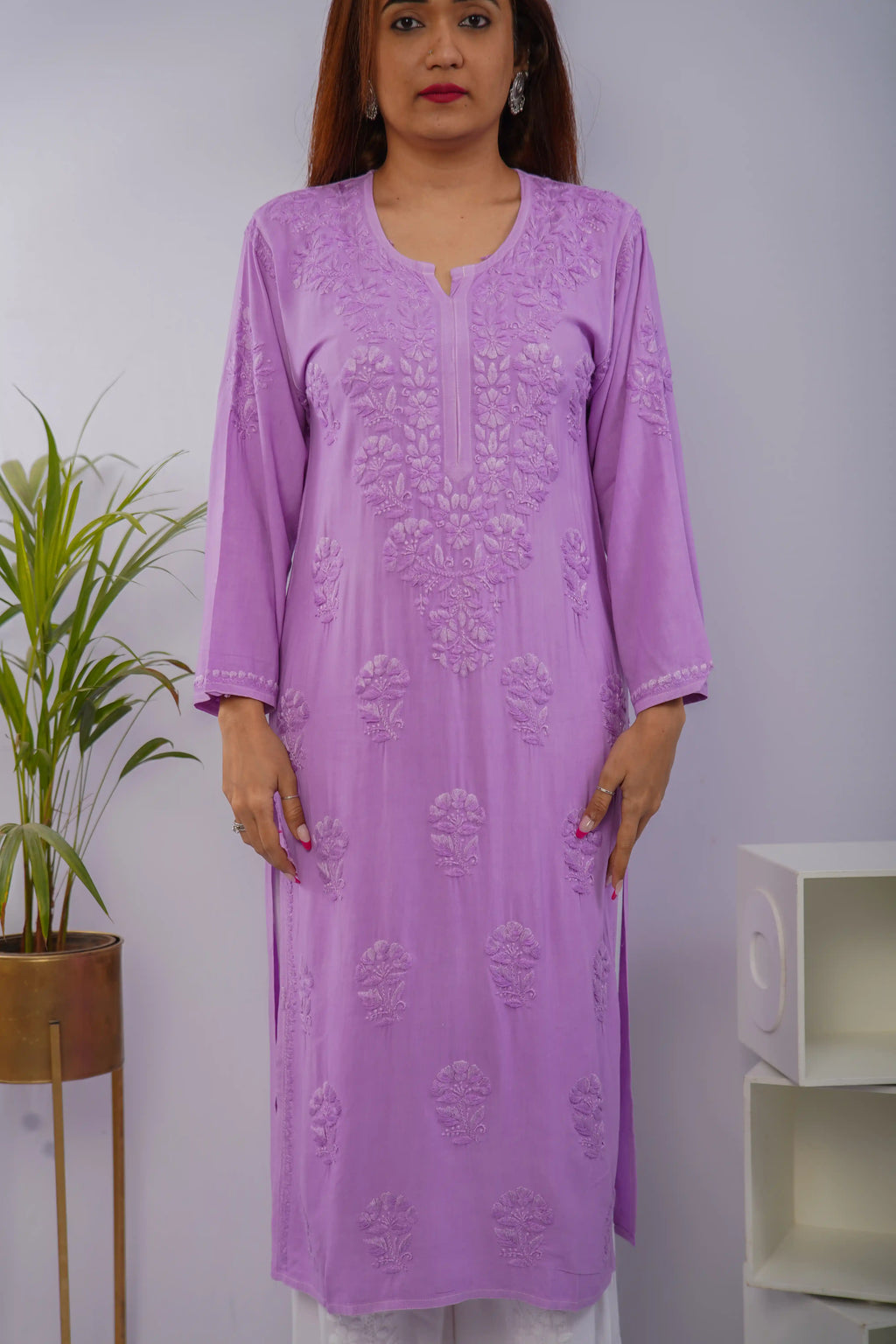 Rayon Self Chikankari Solid Women's Long Kurta - Purple