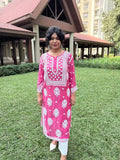 Muslin Hand Chikankari Solid Women's Long Kurta - Rose Pink