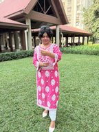 Muslin Hand Chikankari Solid Women's Long Kurta - Rose Pink
