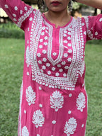 Muslin Hand Chikankari Solid Women's Long Kurta - Rose Pink
