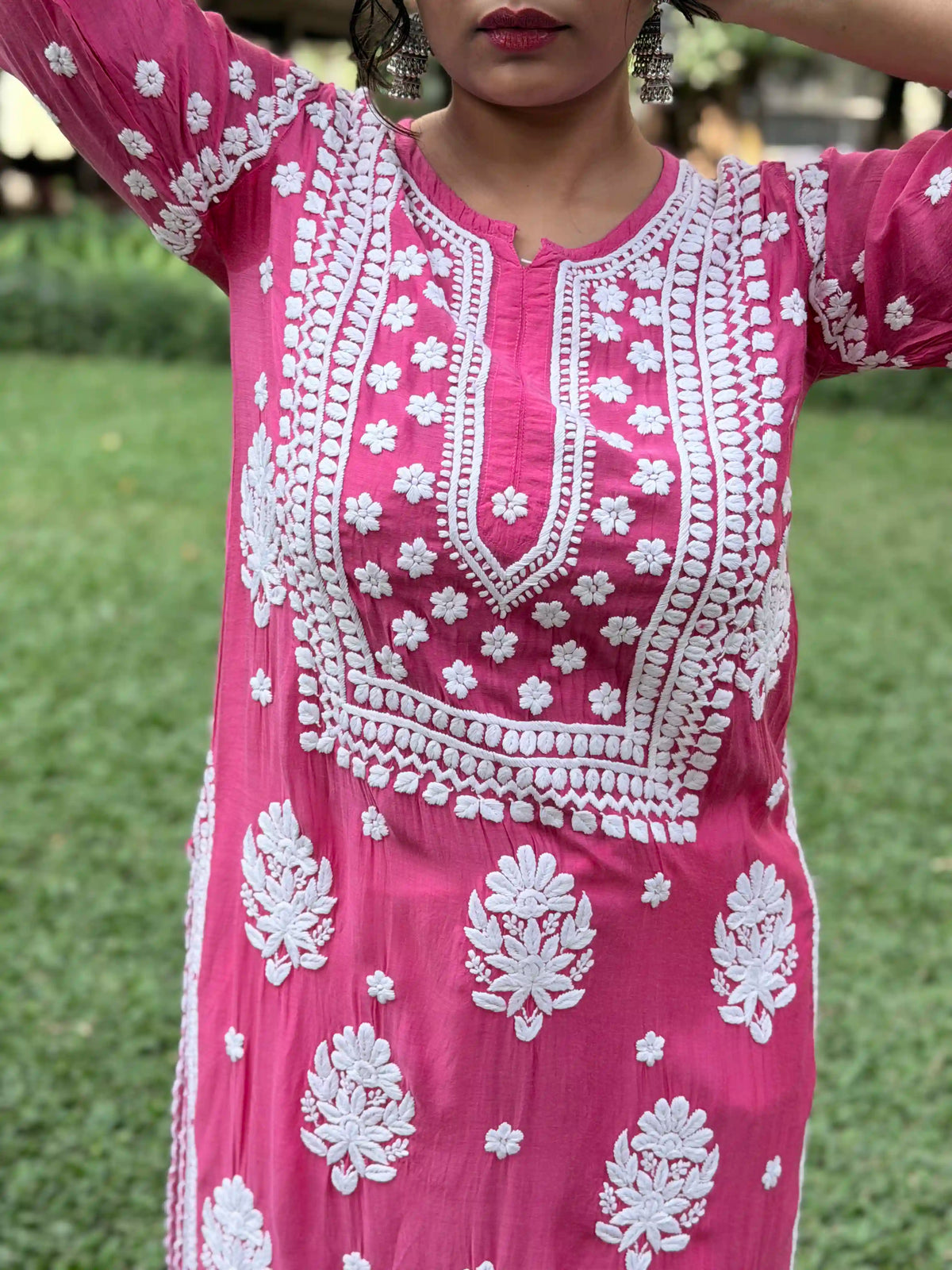 Muslin Hand Chikankari Solid Women's Long Kurta - Rose Pink
