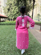 Muslin Hand Chikankari Solid Women's Long Kurta - Rose Pink