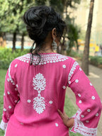 Muslin Hand Chikankari Solid Women's Long Kurta - Rose Pink