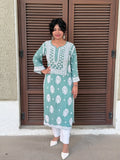 Muslin Hand Chikankari Solid Women's Long Kurta - Sea Green