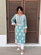 Muslin Hand Chikankari Solid Women's Long Kurta - Sea Green
