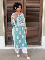 Muslin Hand Chikankari Solid Women's Long Kurta - Sea Green