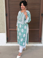 Muslin Hand Chikankari Solid Women's Long Kurta - Sea Green