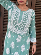 Muslin Hand Chikankari Solid Women's Long Kurta - Sea Green