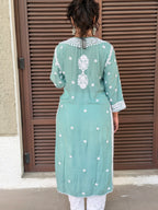 Muslin Hand Chikankari Solid Women's Long Kurta - Sea Green