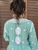 Muslin Hand Chikankari Solid Women's Long Kurta - Sea Green