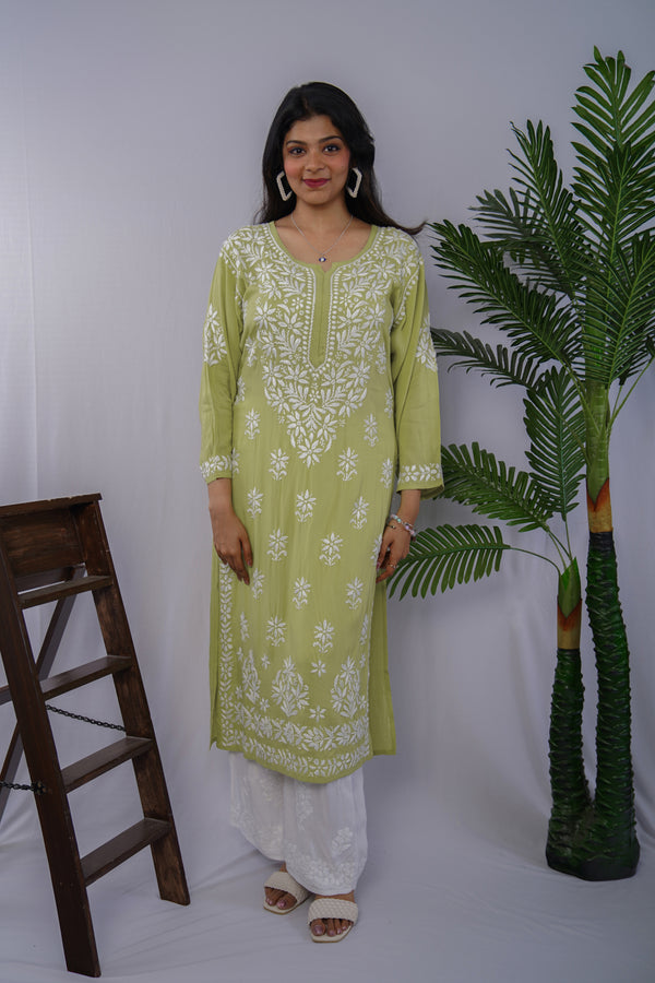 Pastel Green Pure Modal Kurti with White Handwork Chikankari Embroidery