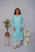 Voile Chikankari & Mukesh Solid Women's Long Kurta - Sky Blue
