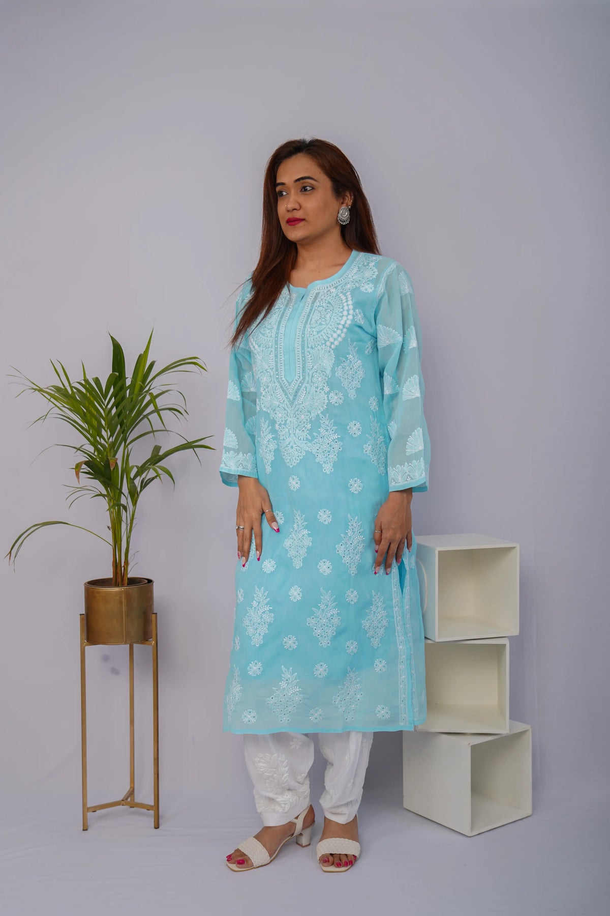 Voile Chikankari & Mukesh Solid Women's Long Kurta - Sky Blue