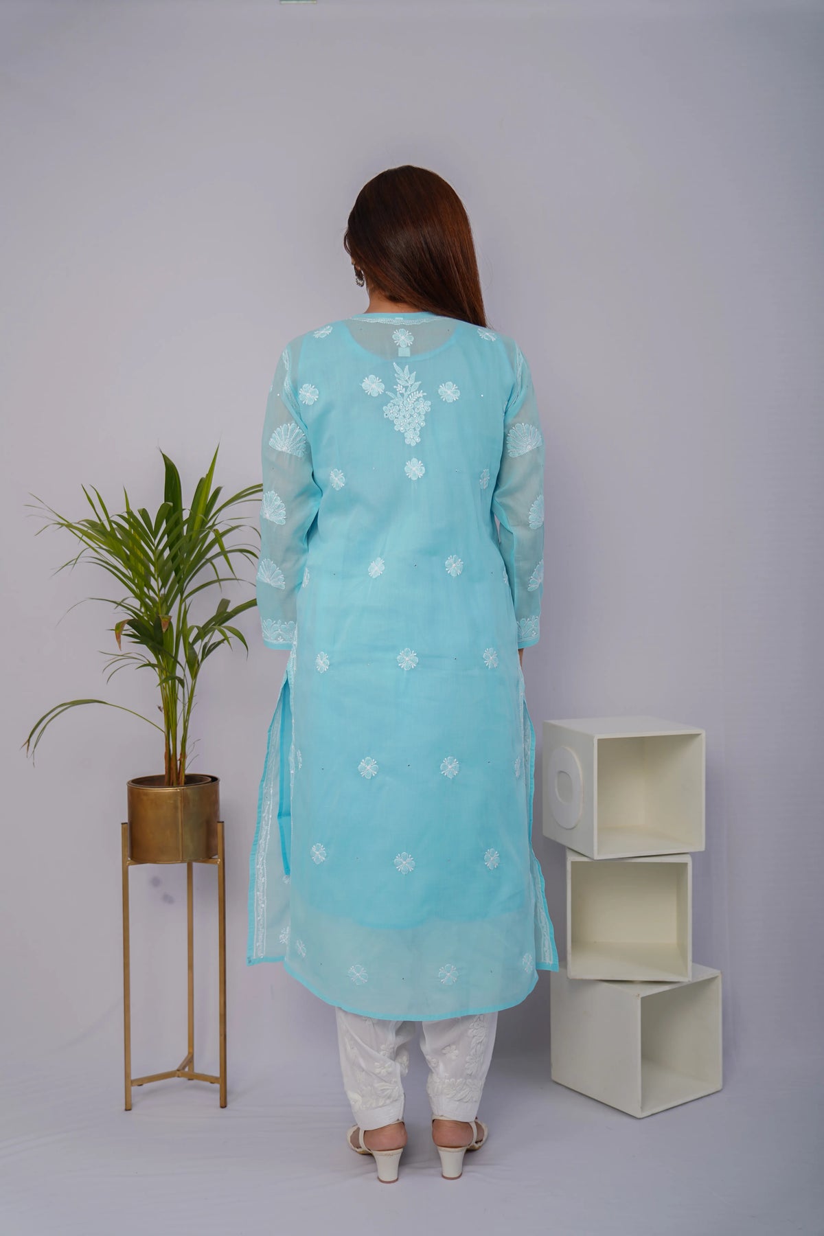 Voile Chikankari & Mukesh Solid Women's Long Kurta - Sky Blue