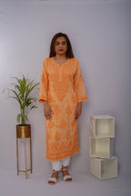 Mulmul Chikankari Solid Women's Long Kurta - Sunset Peach