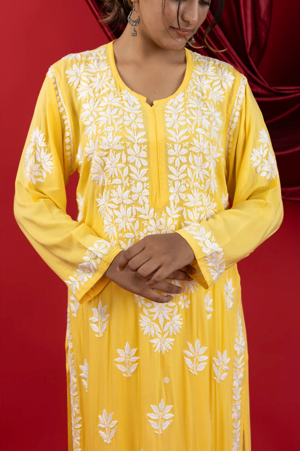 Modal Chikankari Solid Women's Long Kurta - Sunshine Yellow