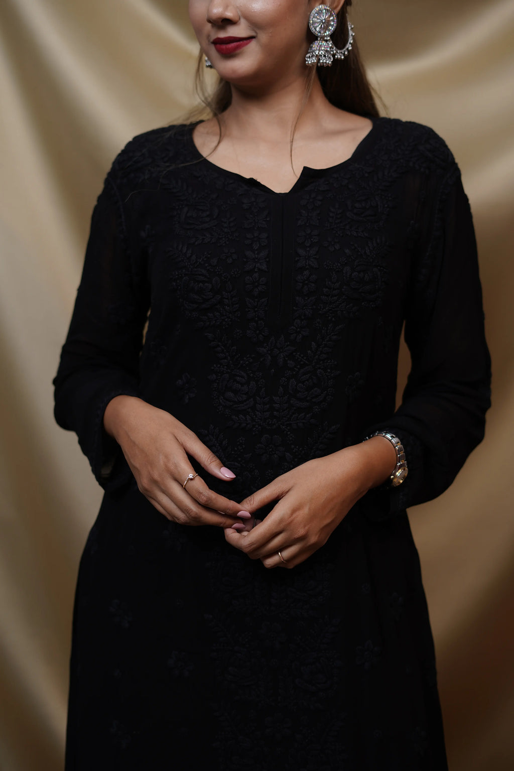 Viscose Chikankari Solid Women's Long Kurta - Black