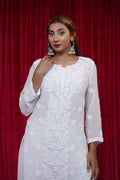 Viscose Chikankari Solid Women's Long Kurta - White