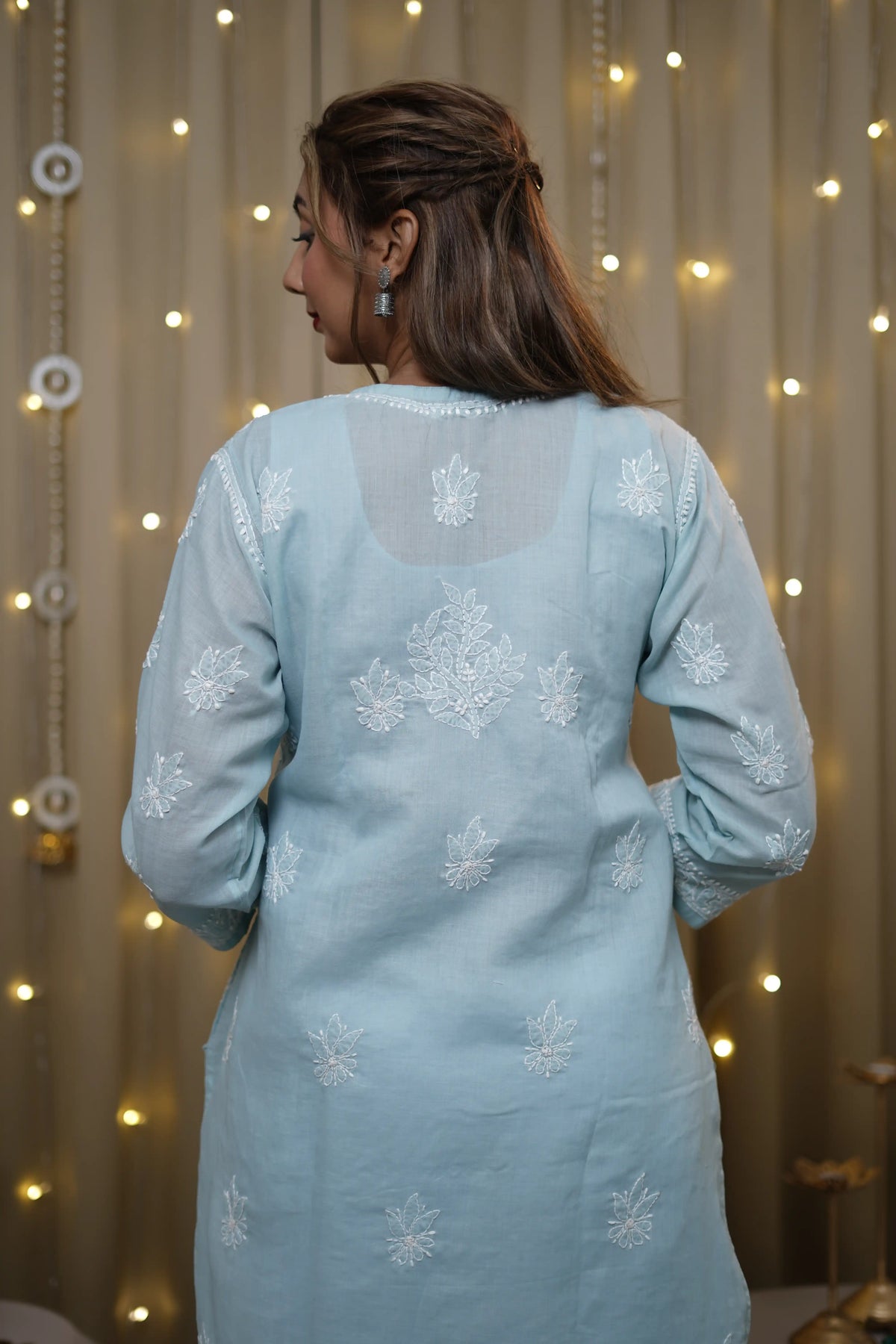 Voile Chikankari Solid Women's Long Kurta - Sky Blue
