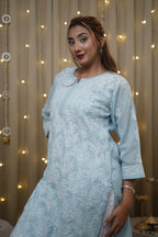 Voile Chikankari Solid Women's Long Kurta - Sky Blue