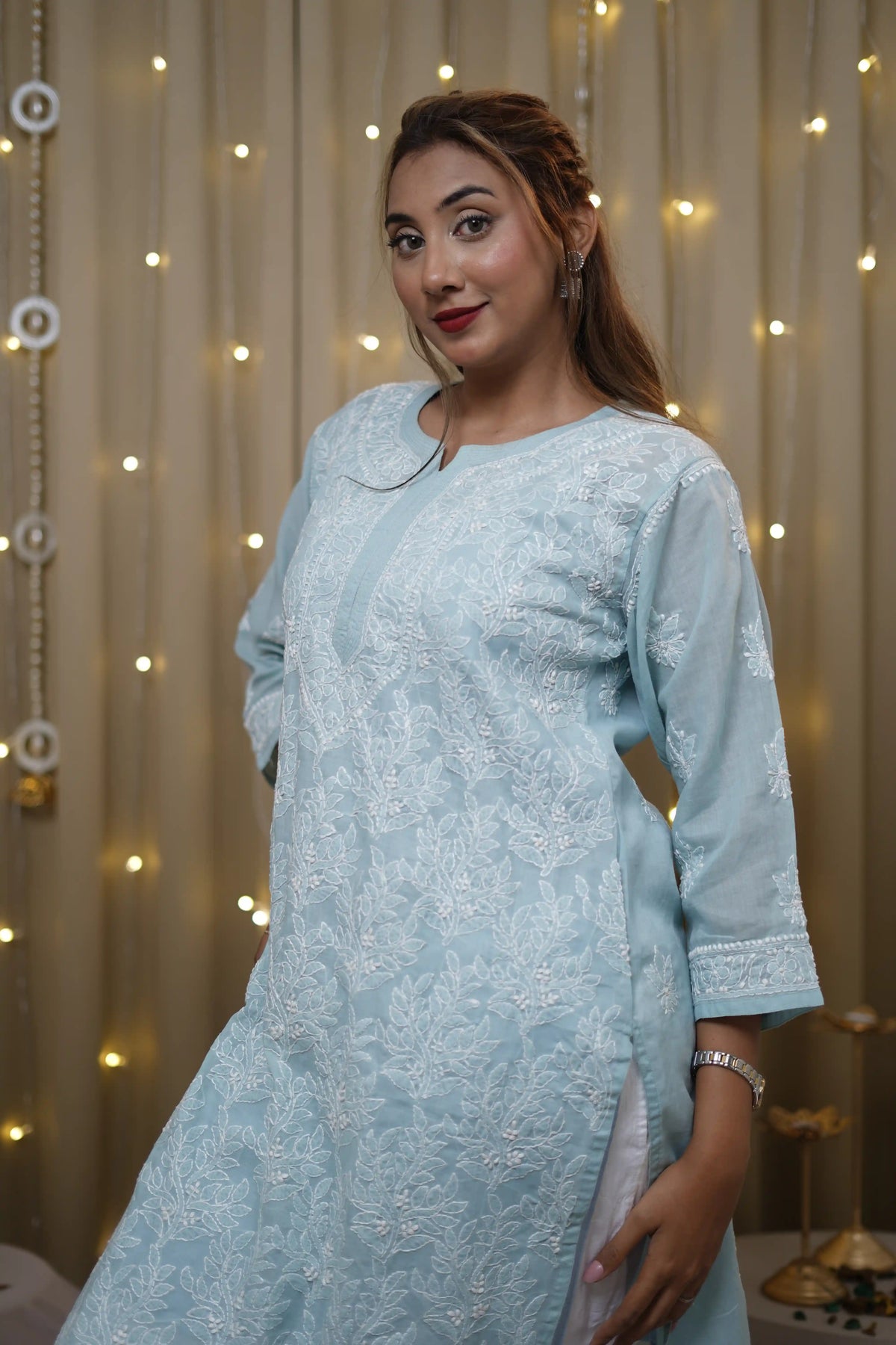 Voile Chikankari Solid Women's Long Kurta - Sky Blue