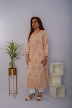 Mulmul Chikankari Solid Women's Long Kurta - Warm Beige
