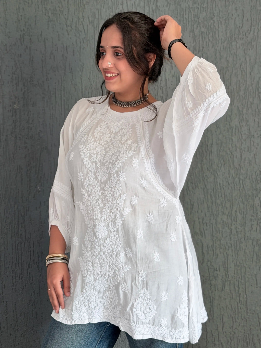 Muslin Chikankari Solid Women's Short Kurta with Puff Sleeves - White
