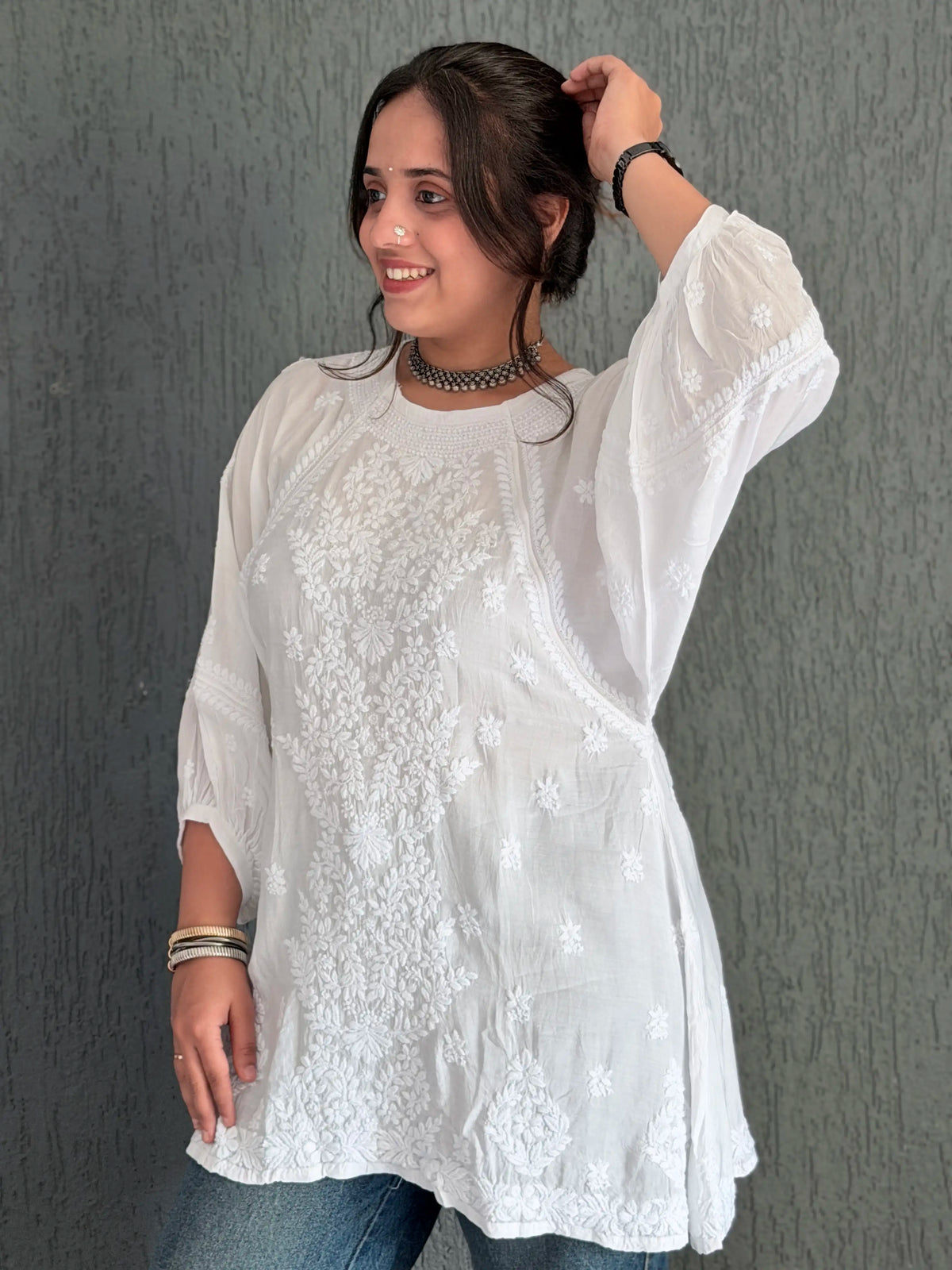 Muslin Chikankari Solid Women's Short Kurta with Puff Sleeves - White