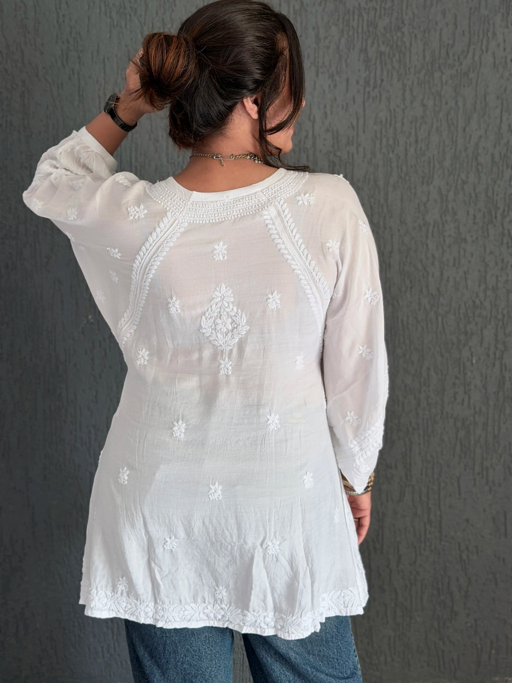 Muslin Chikankari Solid Women's Short Kurta with Puff Sleeves - White