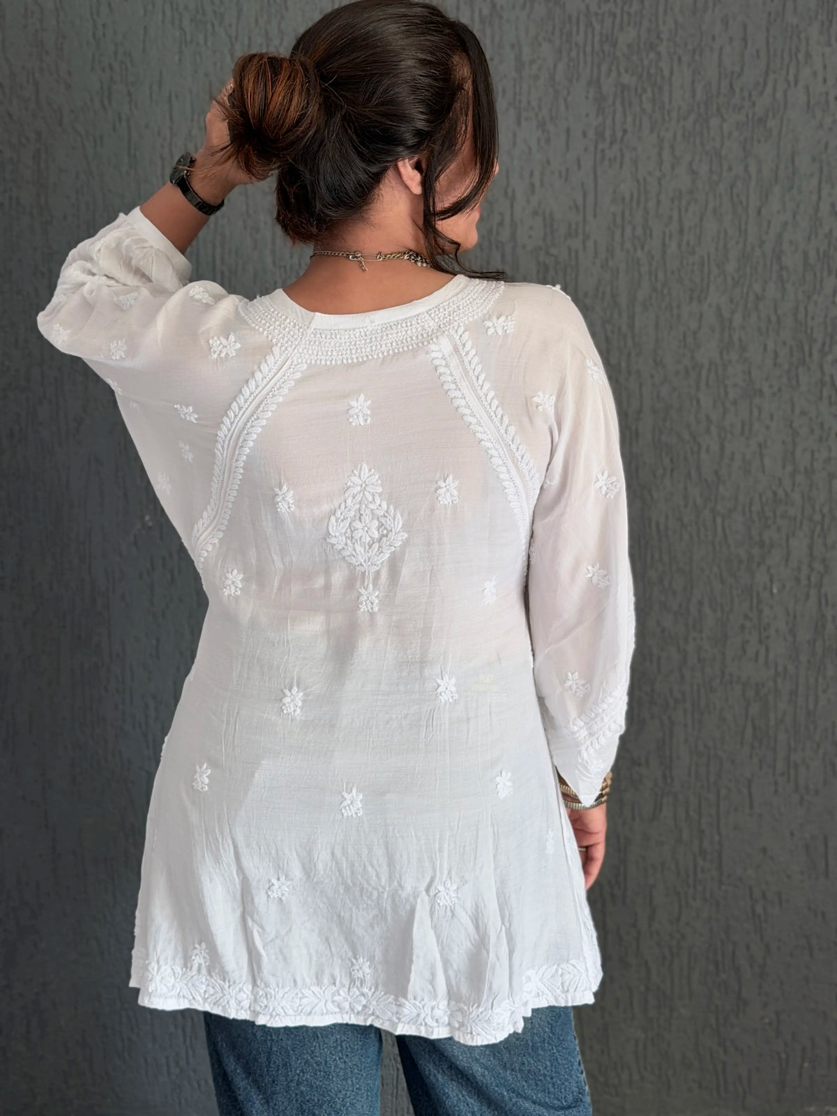 Muslin Chikankari Solid Women's Short Kurta with Puff Sleeves - White
