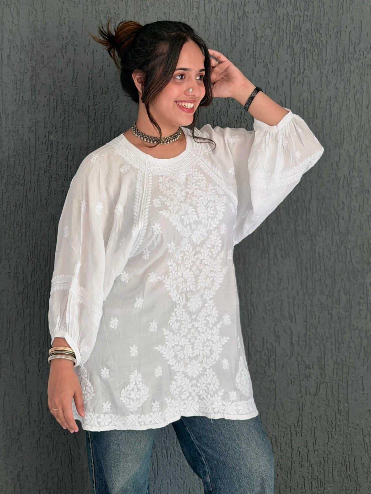 Muslin Chikankari Solid Women's Short Kurta with Puff Sleeves - White
