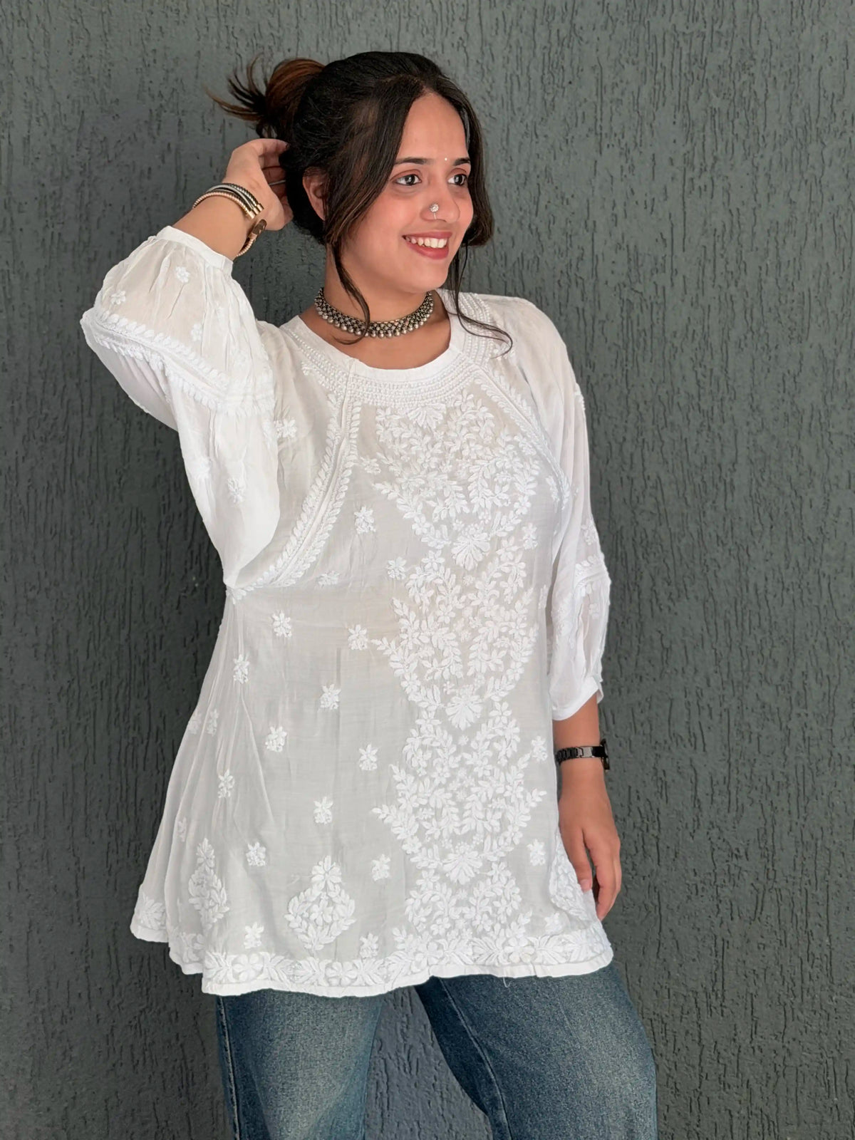 Muslin Chikankari Solid Women's Short Kurta with Puff Sleeves - White