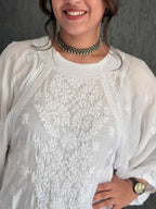 Muslin Chikankari Solid Women's Short Kurta with Puff Sleeves - White